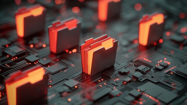 Glowing digital folder icons on a circuit board representing digital file system folder data governance, access control and structured data management.