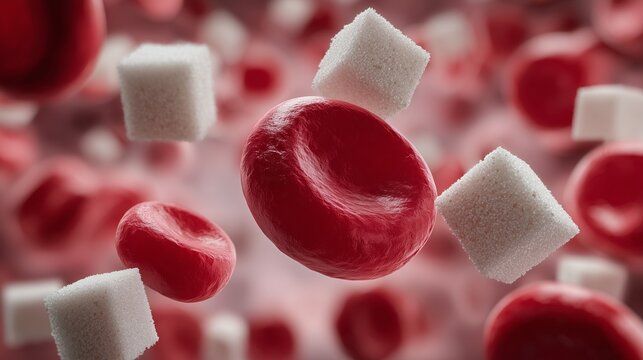 Red blood cell surrounded by sugar cube, representing diabetes and blood sugar impact on circulation.
