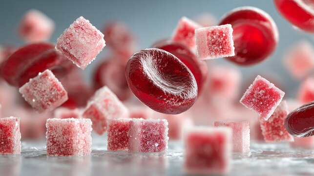 Red blood cell near sugar cube cluster representing diabetes and high blood glucose.