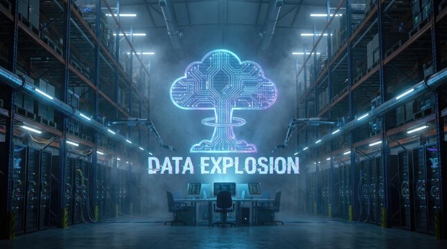 Realistic Tsar Bomba cloud as icon representing computing power in warehouse concept. A futuristic warehouse showcasing a data explosion concept.