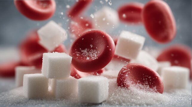 Red blood cell among sugar cube representing diabetes and high blood glucose impact on blood circulation.