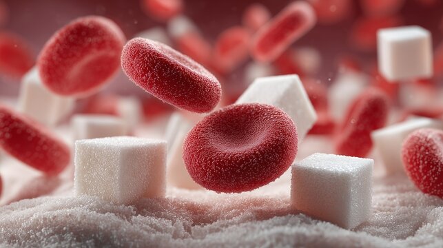 Red blood cell and sugar cube representation illustrating diabetes education concept, blood glucose, hyperglycemia, and metabolic impact for patient learning.