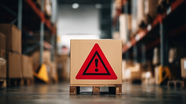 Cardboard box on pallet in aisle with warehouse rack and warning symbol representing load securing and warehouse safety.