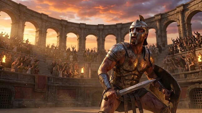 Ancient roman gladiator standing proud in coliseum arena before crowd concept. A gladiator stands ready for battle in an ancient arena at sunset.