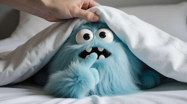 Funny furry monster playing hide-and-seek under bed sheet, a hand lifts the sheets revealing the cute little blue hairy stuffed toy, the adorable creature or alien pet has an amusing face expression