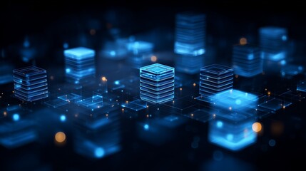 Naklejka na ściany i meble Glowing server stack connected by digital link illustrating database migration visualization with data flow and network topology.
