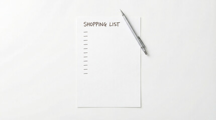 Naklejka premium White sheet of paper with handwritten shopping list text and blank lines with silver pencil diagonally on white surface with soft light.