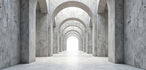Obraz premium Empty industrial concrete hall with repeating arched doorways leading to bright light. Rough walls and floor create a stark, modern, minimalist interior space.