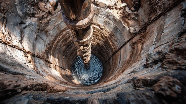 Old stone well with rope and bucket over water, representing well rehabilitation and water extraction.