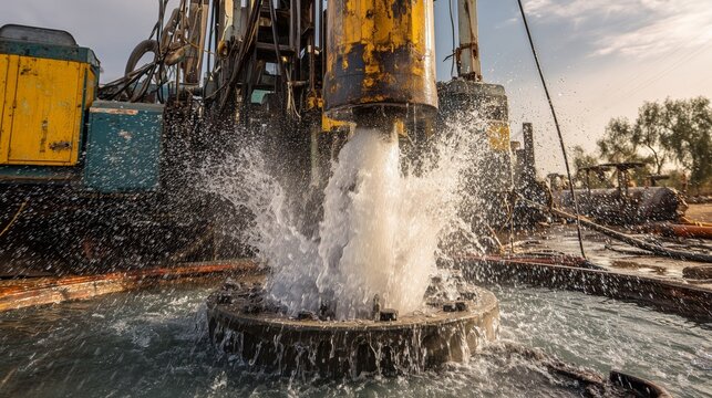 Drilling rig and pump producing high&acirc;&euro;&lsquo;pressure water surge during well development and testing operation at an active water well site.