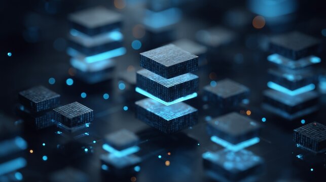 Glowing stack of server-like block representing database migration visualization with data flow, node connection and cloud transfer concept.