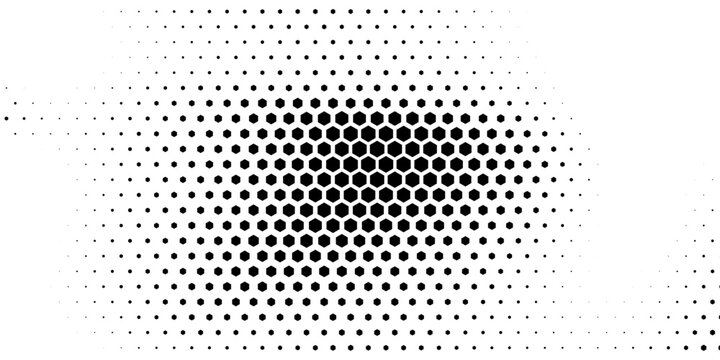Hexagon halftone gradient texture. Abstract black grunge background. Geometric retro halftone tech overlay. Fading wavy hexagonal pattern backdrop. Vector vanishing honeycomb grunge bitmap wallpaper