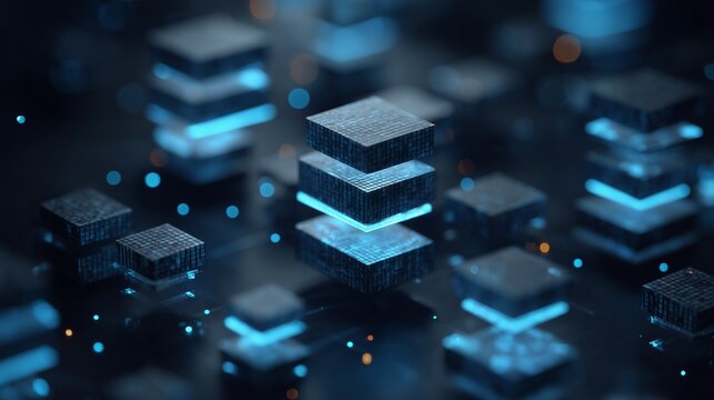 Glowing layered server stack on circuit-like surface representing database migration visualization and data flow between database node.