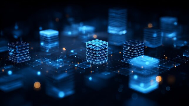 Glowing server stack connected by digital link illustrating database migration visualization with data flow and network topology.