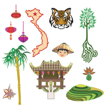 Symbols and sights of Vietnam - a set of templates for design. Vector clipart