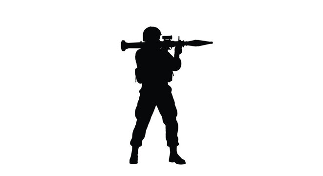 Silhouette of a soldier aiming a rocket propelled grenade launcher