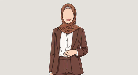 A professional woman wearing a hijab and brown business attire standing confidently.