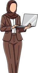 Illustration of a Muslim businesswoman working on a laptop.