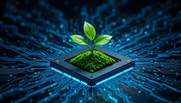 small plant growing on blue microchip circuit for biotechnology and green tech