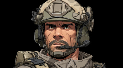 Intense Close-up of a Soldier's Face in Tactical Gear and Helmet