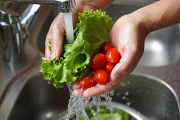 Hands Washing Lettuce and Cherry Tomatoes in Kitchen Sink