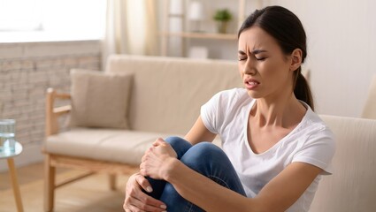 Woman Experiencing Knee Pain While Sitting on Couch