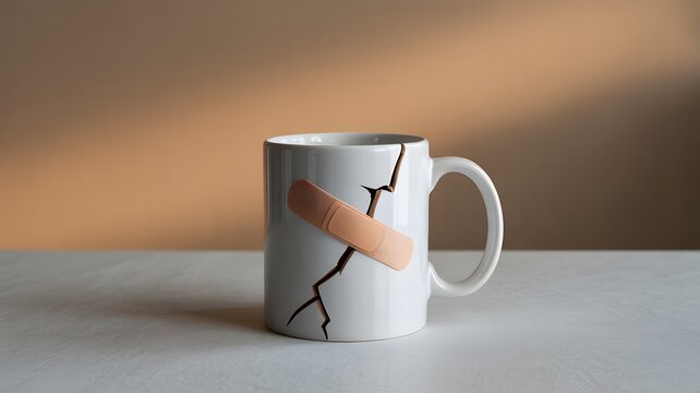 Broken ceramic coffee mug repaired with tape, resilience and repair concept illustration symbolizing recovery, damage control, imperfection, sustainability, and second chance