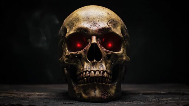 Glowing Red Eyes Skull Dark Background.