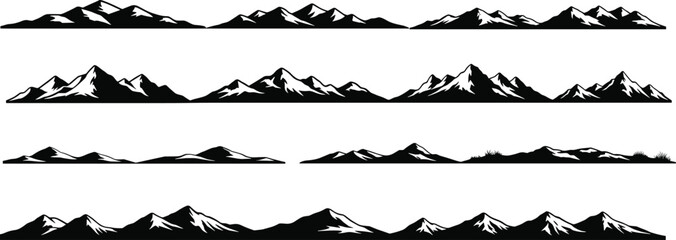 Mountain range silhouettes vector set for landscape design, nature background, horizon scenery, outdoor adventure themes, minimal black panorama illustration © Md