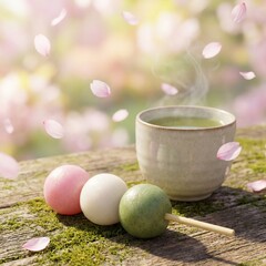 桜舞う三色団子と温かいお茶春イメージ
