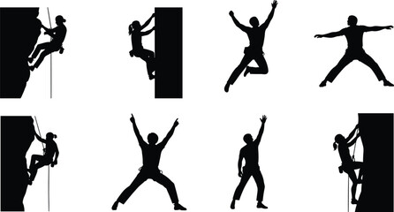Rock climbing and jumping human silhouettes illustration set showing active people in dynamic poses, adventure sport concept, black vector figures isolated on white