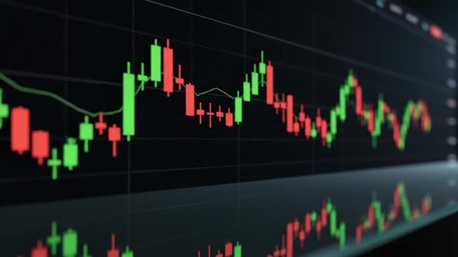A high-quality 3D animation of a financial stock market trading board featuring red and green candlestick charts. The video shows dynamic price movements with a slight camera pan, reflecting market vo