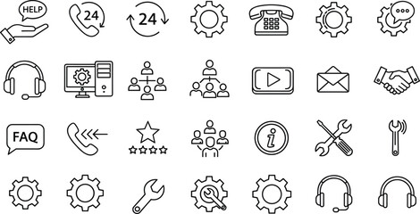 Fototapeta premium Customer Support and Service Line Icon Set with Help Desk, Call Center and Technical Assistance Symbols Outline Vector Collection