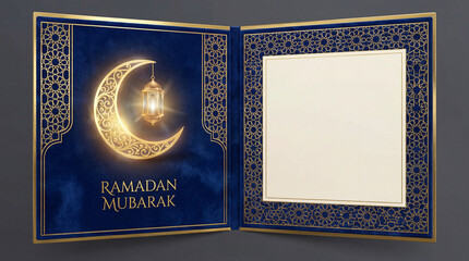 Ramadan Mubarak Greeting Card with Crescent Moon and Lantern.