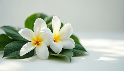 Two white jasmine flowers with green leaves rest on a clean white surface. Subtle light creates a gentle shadow and highlights the delicate petals. The scene evokes peace, purity, and natural beauty.