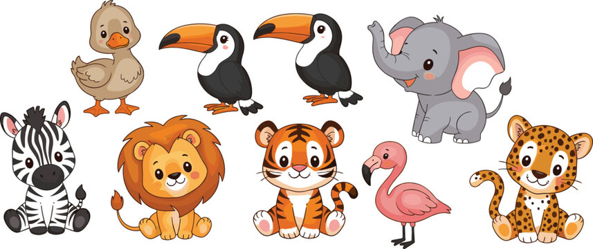Cute cartoon zoo animal character set with lion tiger elephant zebra flamingo toucan duck and leopard isolated on white background for kids illustration