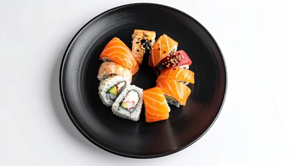 Sushi platter on a black plate, top view.