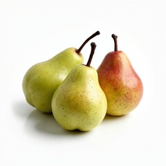 Three ripe pears, two green and one red, sit together on a clean white surface. Their stems are visible against the stark background. The fruits appear fresh and ready for consumption.