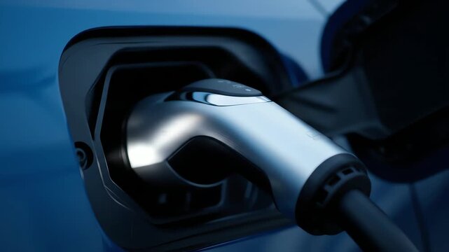Detailed close-up of an electric vehicle charging process, showcasing the connector plugged into the port, symbolizing sustainable transportation and the future of green energy mobility