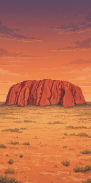 pixel art Australian outback landscape showcasing iconic Uluru rock at sunset
