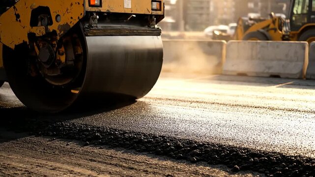 Road construction steamroller compacting asphalt on a sunny day