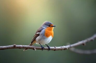 Red-breasted flycatcher bird perches on a thin tree branch. Small wild animal has bright orange chest feathers. Ornithology subject is captured in sharp detail.