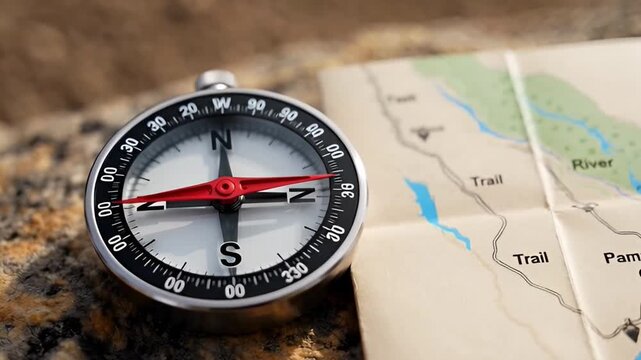 Compass and map on rocky surface for navigation and direction
