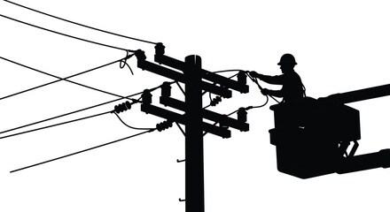 Electrician repairing power lines silhouette illustration showing utility worker on bucket lift, electrical maintenance, energy infrastructure, black white vector background design concept © Md