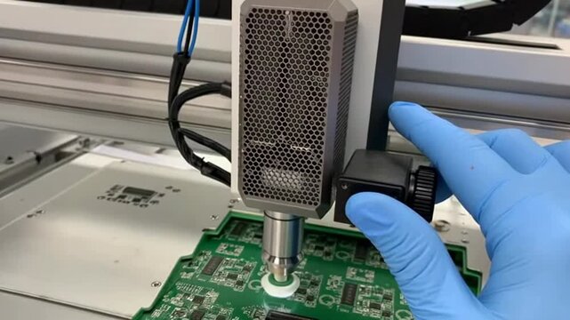 Hand adjusts robotic nozzle on SMT assembly line for precise component placement.