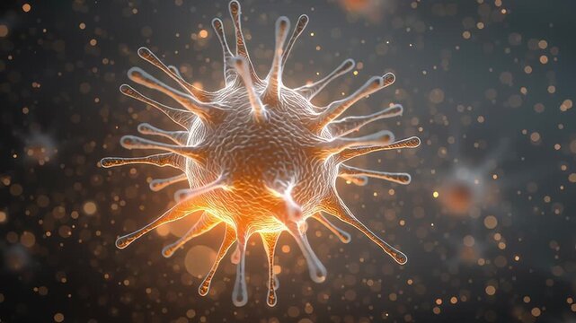 Glowing virus particle in microscopic view with warm light and floating particles, detailed medical 3D render of infectious pathogen