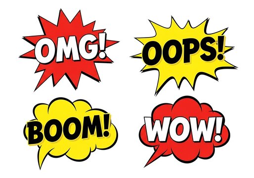 Vibrant comic-style speech bubbles with expressive exclamations