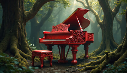 Fototapeta premium Red grand piano sits in foggy forest among mossy trees. Ornate musical instrument rests on forest floor, evoking mystery and nature harmony. Serene, atmospheric scene.