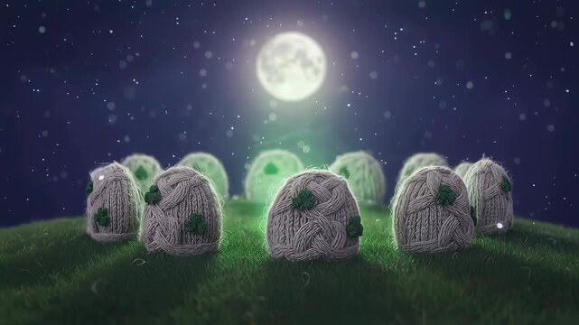 Knitted shamrock stones glowing on green grass under full moon at night for St Patricks day. St Patrick day Irish celebration.