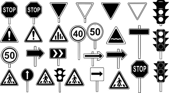 Collection of various traffic signs and symbols isolated on transparent background for road safety and navigation
